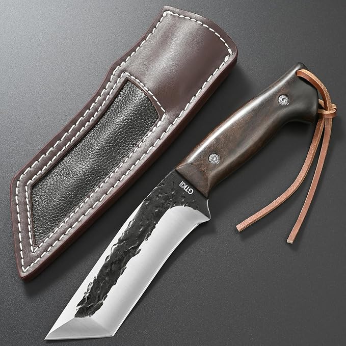 Gtkii GTK43 Fixed Blade Knife High Carbon Steel Hand Forged Blade Full Tang Rosewood Handle Fix Knifes for Camping Hunting Collection with Leather Sheath