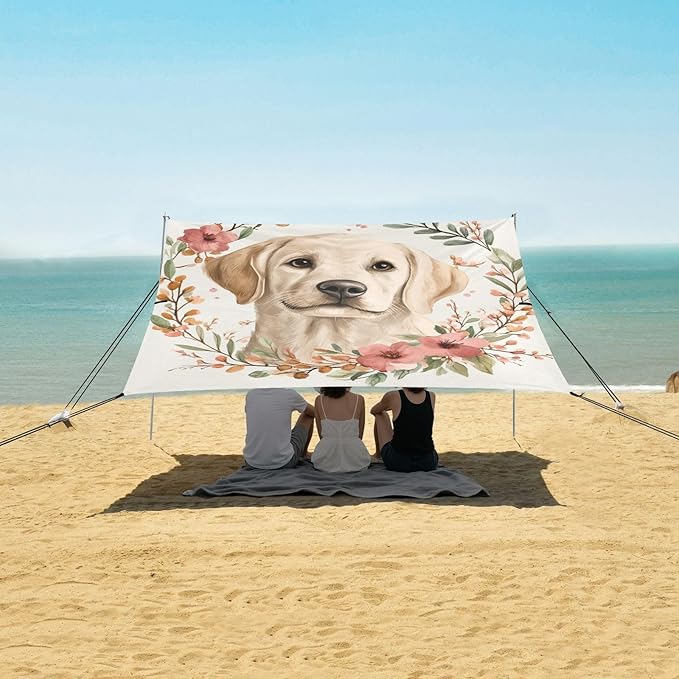 ALAZA Cute Labrador with Floral Frame Beach Tent Sun Shelter Portable Canopy Sunshade for Outdoor Camping Picnics Backyard Fun 10x9 ft
