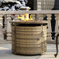 OutVue 32 inch Propane Fire Pit TableWicker Gas Fire Pits Table with Lid &amp Lava Rocks 50000 BTU Round Propane Firepit for Outside Fire Table for DiningParty PatioYard