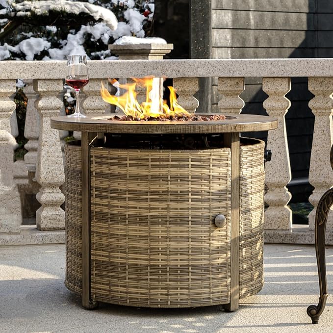 OutVue 32 inch Propane Fire Pit TableWicker Gas Fire Pits Table with Lid &amp Lava Rocks 50000 BTU Round Propane Firepit for Outside Fire Table for DiningParty PatioYard