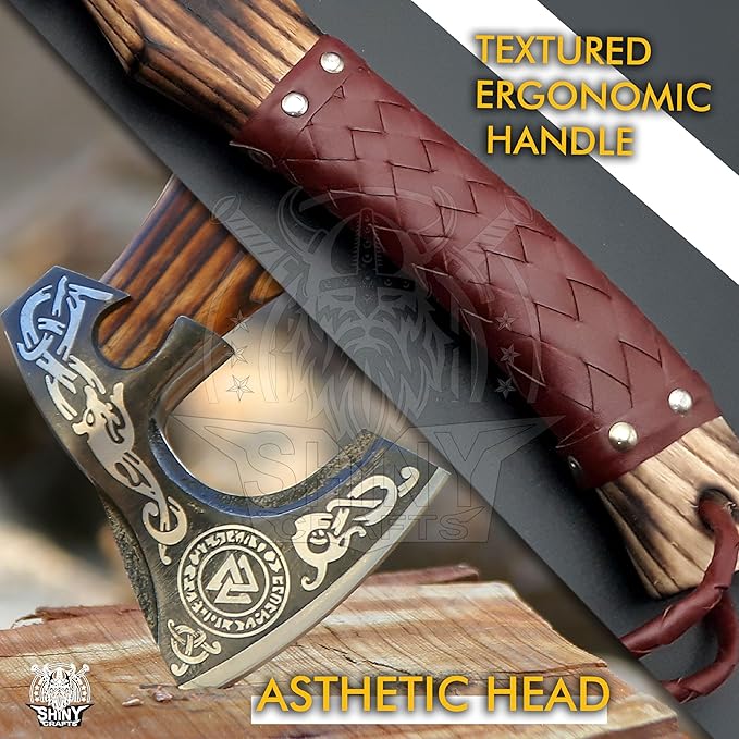 SHINY CRAFTS® Handcrafted Decorative Viking Axe with Leather-Wrapped Handle &amp Sheath – Engraved Blade – Ceremonial Collectible Gift for Men Warriors History Buffs Cosplay &amp Display (VBA-07)