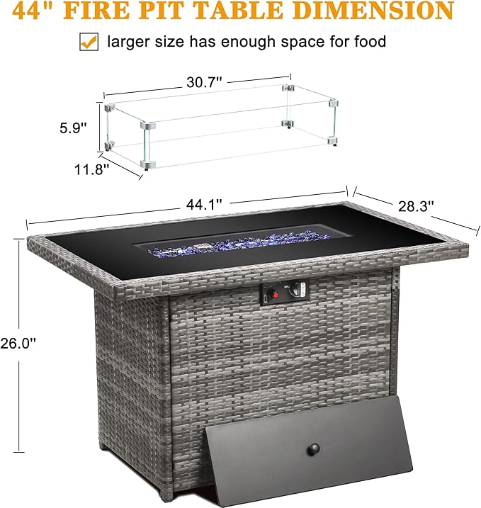 LayinSun 44 Propane Gas Fire Pit Table 55000 BTU Rectangular Fire Pit with Glass Wind Guard for Outside Patio Deck Garden Backyard