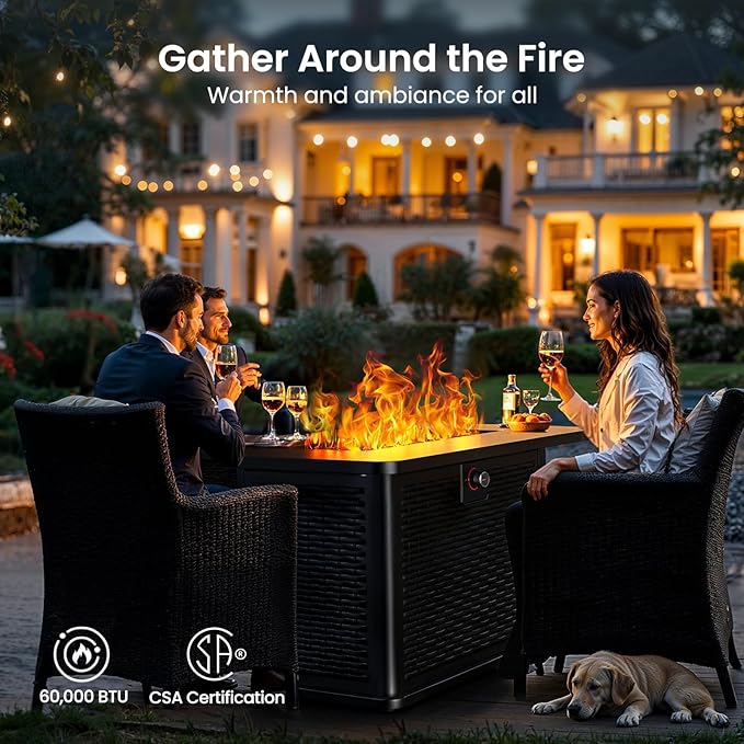 Ciays 43-Inch Rectangular Propane Fire Pit Table - 60000 BTU CSA-Certified 2-in-1 Design 304 Stainless Steel H-Burner Included Cover &amp Lava Rocks - Ideal for Gatherings &amp Parties