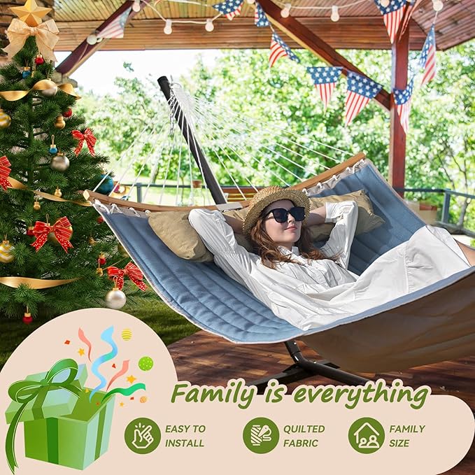 Double Hammock 11 FT Quilted Fabric 2 Person Hammock for Outside with Pillow Folding Curved Spreader Bar Chains Carrying Bag Indoor Outdoor 450 IB Capacity JeansBlue