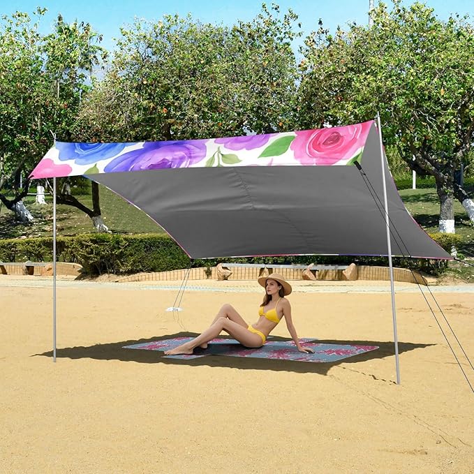 Beach Canopy with Windproof Ropes &amp Sandbags Beach Tent Sun Shade Sun Shelter for Camping Trips Fishing Backyard Fun or Picnics Roses and Peonies
