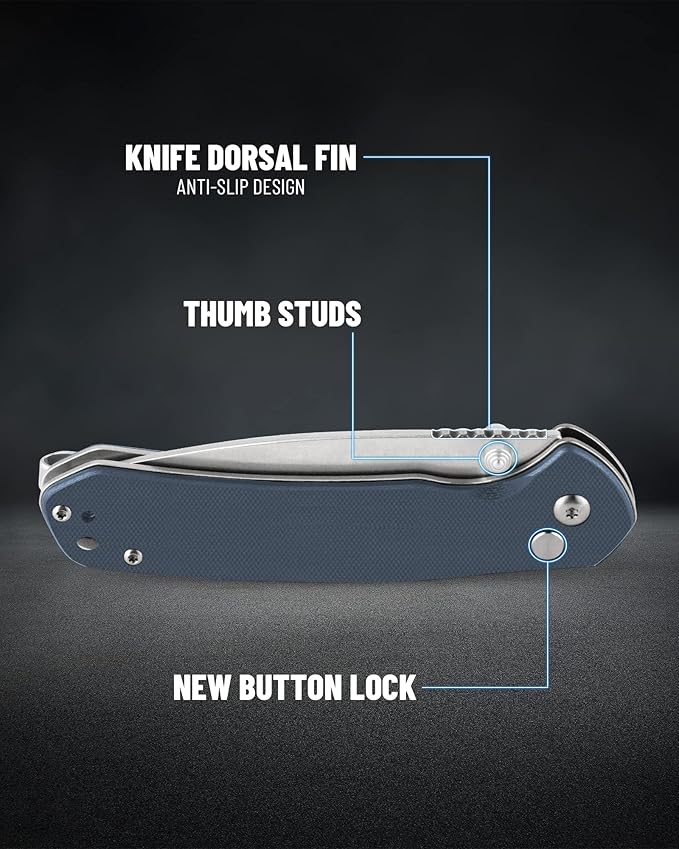 CJRB Folding Knife Pyrite (J1925) AR-RPM9 Blade and Stainless Steel Handle EDC Maunal Folding Knife with Button Lock Blue
