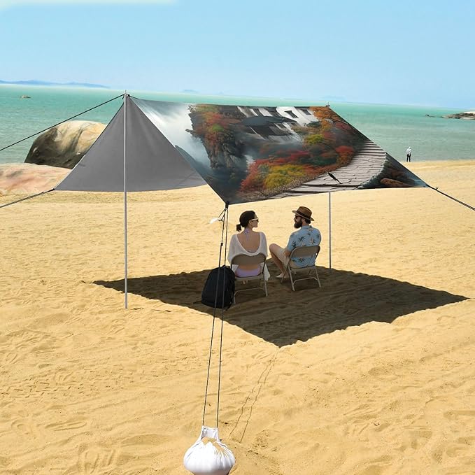 Beach Canopy with Windproof Ropes &amp Sandbags Beach Tent Sun Shade Sun Shelter for Camping Trips Fishing Backyard Fun or Picnics Landscape