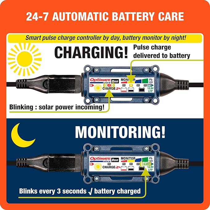 Optimate Solar Duo TM522-D2 6-Step 12V / 12.8V 1.6A Weatherproof Solar Battery Saving Charger &amp maintainer