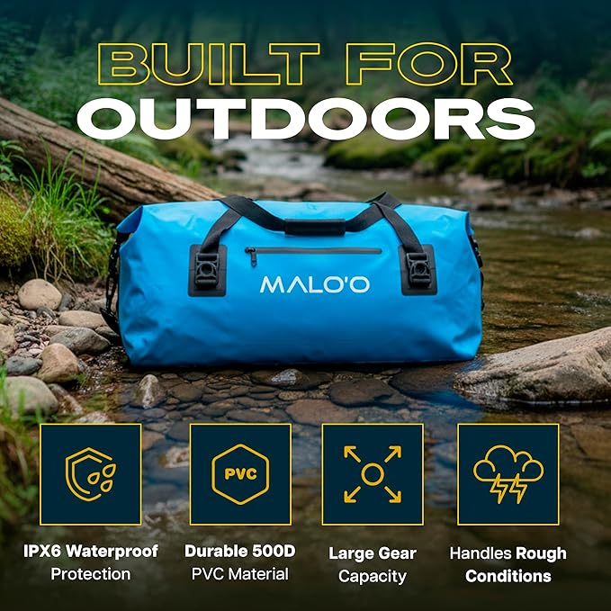 Malo’o Waterproof Dry Duffel Heavy-Duty Roll Top Waterproof Gear Bag with Shoulder Strap &amp Molle Loops Marine Duffel for Kayaking Boating Camping Beach &amp Travel Blue 60L