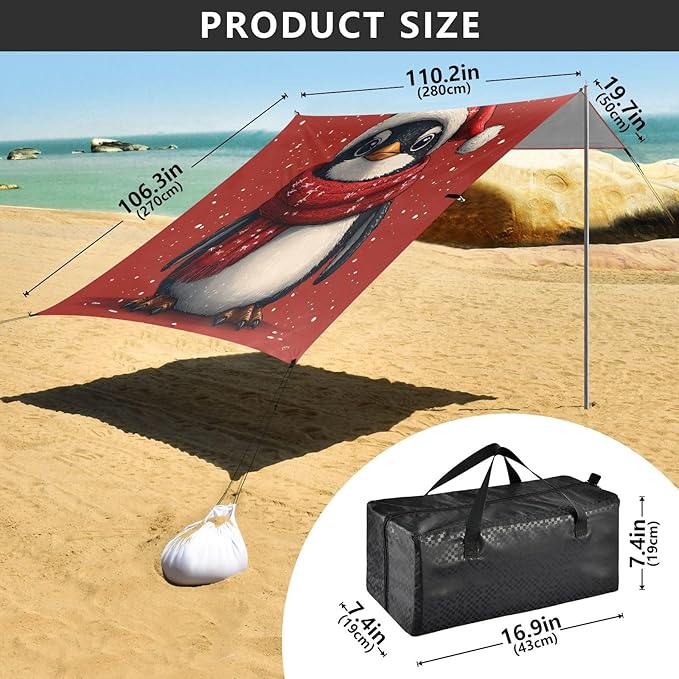 ALAZA Christmas Penguin Beach Tent Sun Shelter UPF50+ Protection Beach Shade Canopy w/ 4 Sandbags for Outdoor Camping Fishing Backyard Fun Picnic 10x9 ft