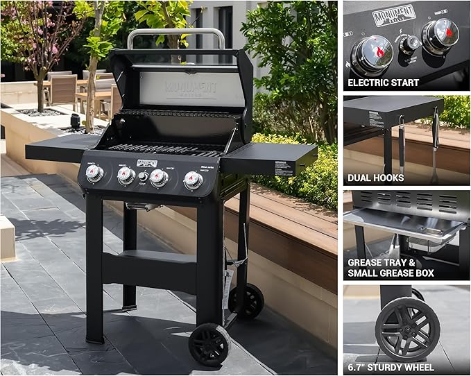 Monument Grills 4-Burner Liquid Propane Gas Grill Matte Black Stainless Steel Burner Grill with Clearview® Lid and One Foldable Shelf for Outdoor Cooking Kitchen Patio Backyard Barbecue Mesa420MF