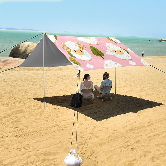 Sheep Beach Canopy Sun Shelter with Sandbags &amp Sand Shovel &amp Windproof Ropes - Portable 110x126 Beach Shade Beach Tent for Camping Picnics
