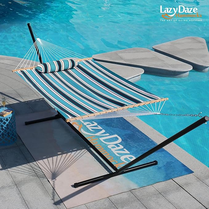 Lazy Daze Hammocks 12 FT Sunbrella Fabric Hammock not Fading with Spreader Bars and Free Pillow Fits for 2 Persons All Weather and Fade Resistant for Patio Yard 450 lbs Capacity Token Surfside