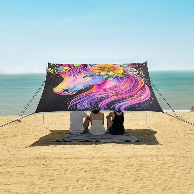 ALAZA Unicorn Rainbow Beach Tent Sun Shelter UPF50+ Protection Beach Shade Canopy w/ 4 Sandbags for Outdoor Camping Fishing Backyard Fun Picnic 10x9 ft