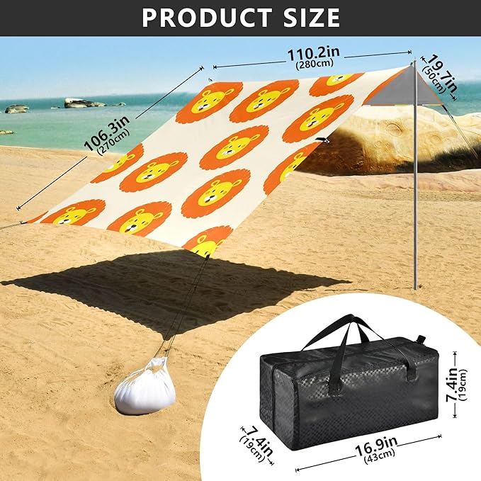 Lion Beach Canopy Sun Shelter with Sandbags &amp Sand Shovel &amp Windproof Ropes - Portable 110x126 Beach Shade Beach Tent for Camping Picnics