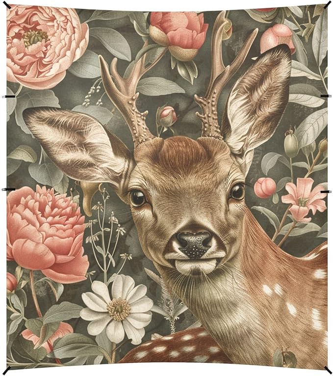 ALAZA Deer Animal Peony Flowers Apple Flowers Feathers Vintage Beach Tent Sun Shelter Portable Canopy Sunshade for Outdoor Camping Picnics Backyard Fun 10x9 ft