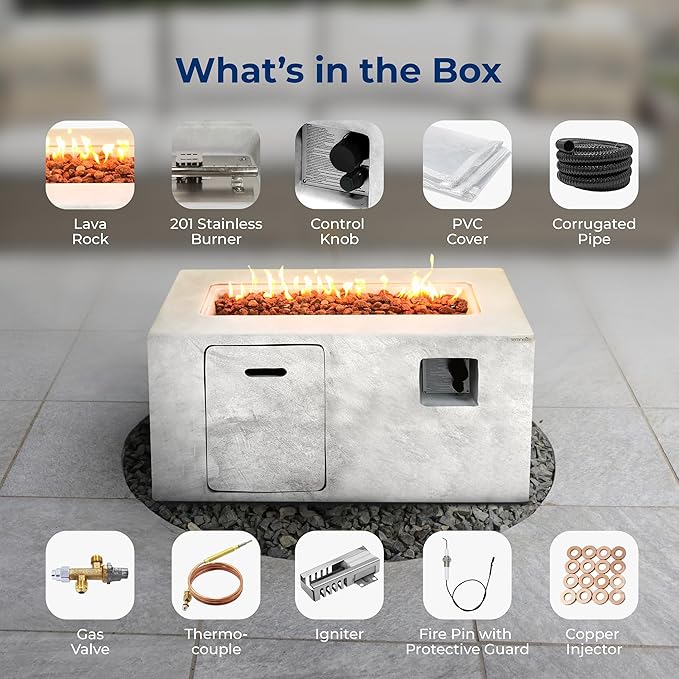SereneLife Fire Pit Table – 50000 BTU Propane Gas Fire Pit with Adjustable Flame Stainless Steel Burner &amp Lava Rock – Weather-Resistant Easy Propane Access Perfect for Outdoor Parties &amp BB
