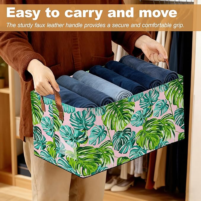 Storage Bin with Handles Palm leaves Collapsible Laundry Baskets for Books Laundry - Use in Nursery Closet Organizers and Storage Blanket Basket