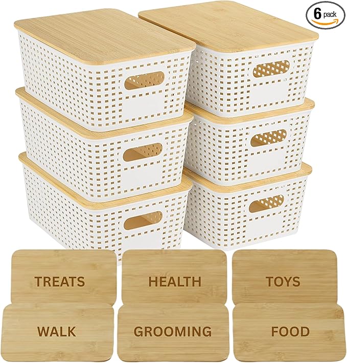 Pet Storage Organizer Bins with Engraved Bamboo Lids (6 Pack) Dog Toys Storage Bins with Bamboo Lids Cat Toys Organizer for Home (Pet Essentials Set)