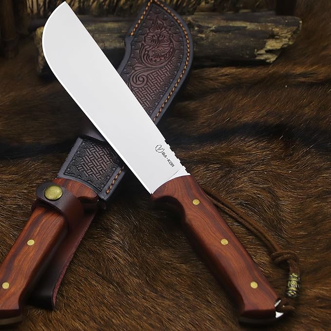 BA-KOR USA 8mmDC53 steel 35CM (14 ) full Tang fixed knife with leather sheath and (5.9 ) ceria ignition head suitable for outdoor hunting camping clearing adventure fishing EDC BBQ (BA-K0a(8m