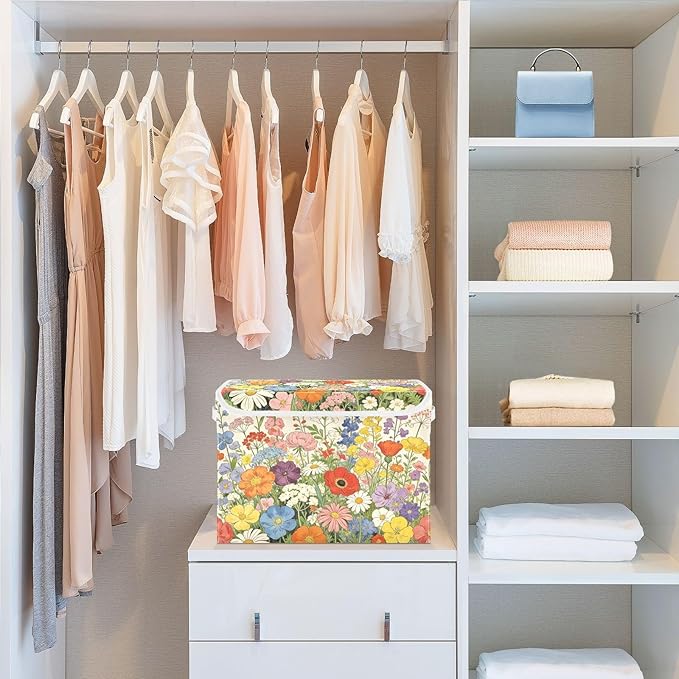 Spring Wildflowers Yellow Storage Box with Lid 1 PC Foldable Storage Bin with Lids Stackable Storage Bins Cube Closet Organizer Basket with Flip-Top Lid &amp Handles for Shoes Books Towels