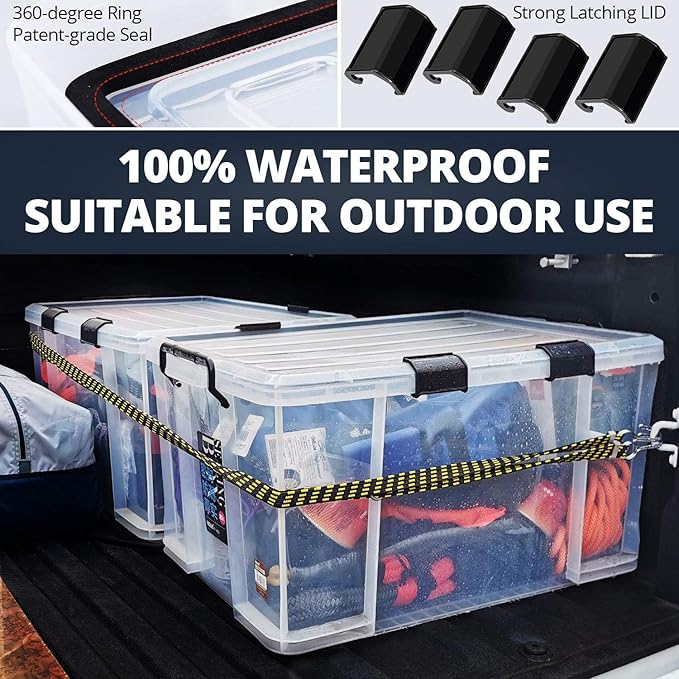 3-Pack Waterproof Plastic Storage Box 90QT/85L Stackable Latch Box Durable Multi-Purpose Locking Bin with Lid and Black Clips for Bedding Toys Shoes and Clothes