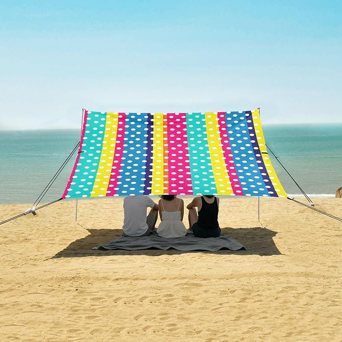 Beach Canopy with Windproof Ropes &amp Sandbags Beach Tent Sun Shade Sun Shelter for Camping Trips Fishing Backyard Fun or Picnics Stripes