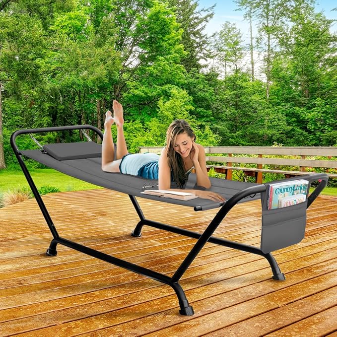 Sorbus Cozy Hammock Bed- Patio Hammock with Stand w/Pillow and Storage Pockets- Heavy Duty 500lbs Support- Durable Outdoor Hammock- For Patio Garden Backyard Poolside- Weather Resistant Outdoor Bed