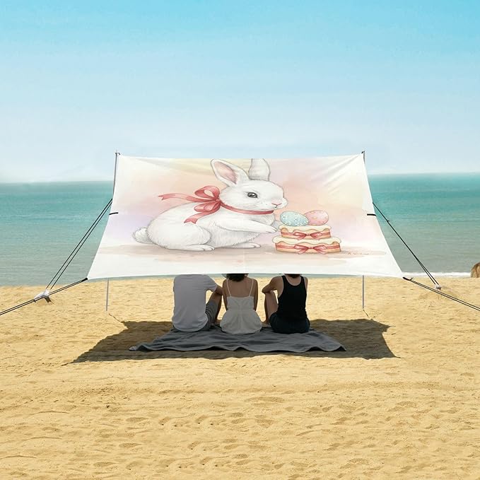 Beach Canopy with Windproof Ropes &amp Sandbags Beach Tent Sun Shade Sun Shelter for Camping Trips Fishing Backyard Fun or Picnics Easter Bunny