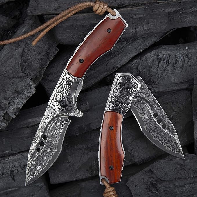hand made damascus steel pocket knife 3.1 inch outdoor folding knife camping rosewood handle with leather case and inner lining