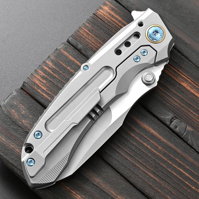 Sitivien ST991 Folding Knife M390 Pearlescent Polishing Steel Blade Titanium Handle with Ball Bearing for Men Women Outdoor Camping Hiking Survival (Silver)