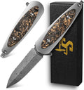 Sitivien ST228 Damascus Steel Folding Knife Copper Platinum Carbon Fiber Inlays Handle and Rose Print Pattern Blade EDC Tool Knife for Outdoor Camping Hiking Hunting(Gray) …