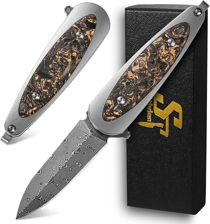 Sitivien ST228 Damascus Steel Folding Knife Copper Platinum Carbon Fiber Inlays Handle and Rose Print Pattern Blade EDC Tool Knife for Outdoor Camping Hiking Hunting(Gray) …