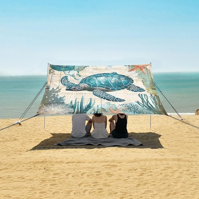 ALAZA Sea Turtle Age of Sail Beach Tent Sun Shelter UPF50+ Protection Beach Shade Canopy w/ 4 Sandbags for Outdoor Camping Fishing Backyard Fun Picnic 10x9 ft