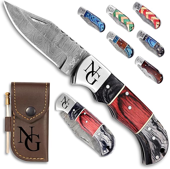 Custom Pocket Knife gifts for Men Personalized Damascus Folding Knife Engraved Gifts for Him Dad Boyfriend Husband Anniversary Groomsmen Gifts. Custom Knife for Camping Hunting Everyday Carry (