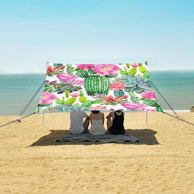 Beach Canopy with Windproof Ropes &amp Sandbags Beach Tent Sun Shade Sun Shelter for Camping Trips Fishing Backyard Fun or Picnics Cactus