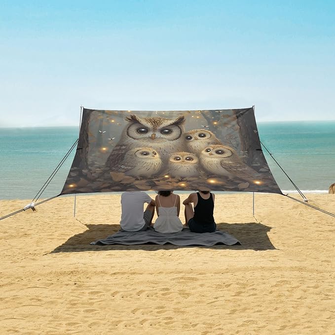 ALAZA Cute Owls Birds Beach Tent Sun Shelter UPF50+ Protection Beach Shade Canopy w/ 4 Sandbags for Outdoor Camping Fishing Backyard Fun Picnic 10x9 ft
