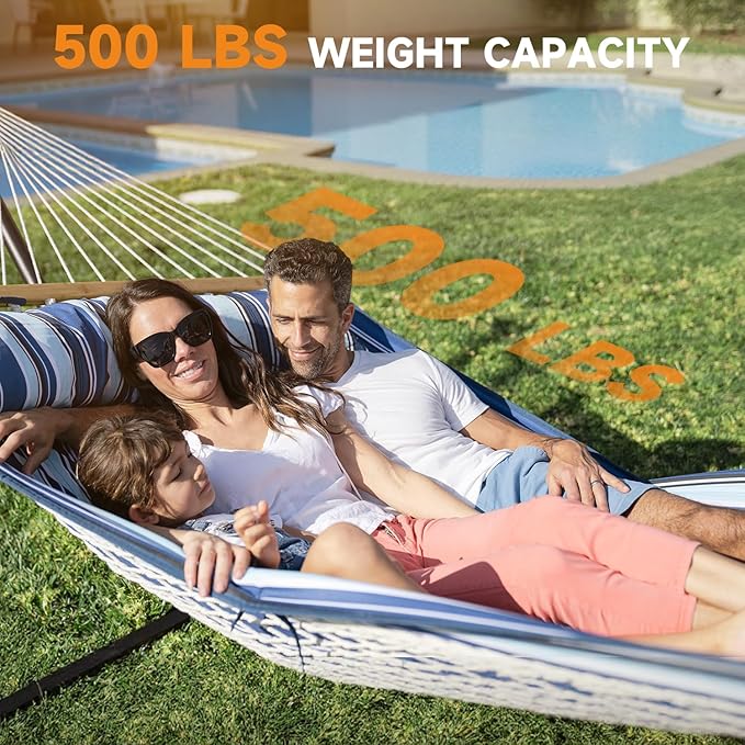 Everyfun 2 Person Outdoor Hammock with Stand Cotton Rope Hammock with Polyester Pad Adjustable Steel Frame Portable with Carrying Bag – for Patio Backyard Garden Beach Blue Stripe