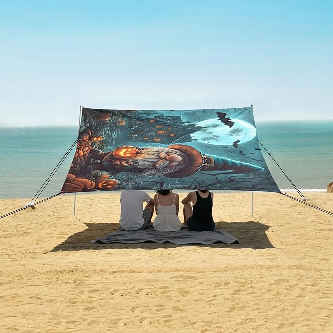 ALAZA A Halloween Gnome Dressed in A Witchs Hat and Holding Beach Tent Sun Shelter UPF50+ Protection Beach Shade Canopy w/ 4 Sandbags for Outdoor Camping Fishing Backyard Fun Picnic 10x9 ft