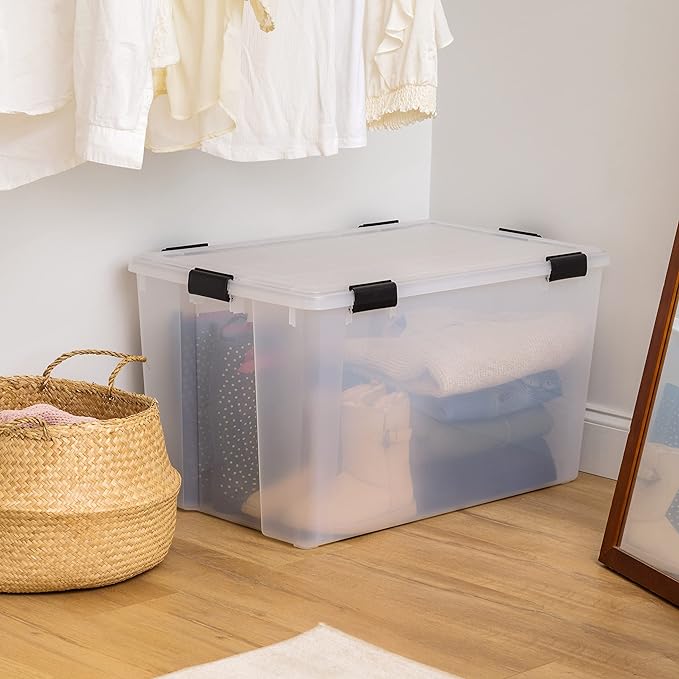 IRIS USA 156 Qt Storage Box with Gasket Seal Lid BPA-Free Made in USA - Heavy Duty Moving Containers with Tight Latch Weather Proof Tote Bin WEATHERPRO - Clear/Black