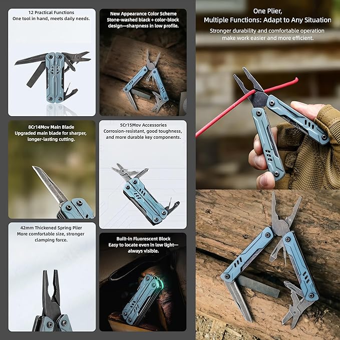 Multi Tool 10-in-1 Full-Size Lightweight EDC Multi-Purpose Pliers Screwdriver Knife Tactical Gear Mini Tools Boyfriend Gifts Equipment for Emergencies Hiking and Outdoor Camping (Blue)