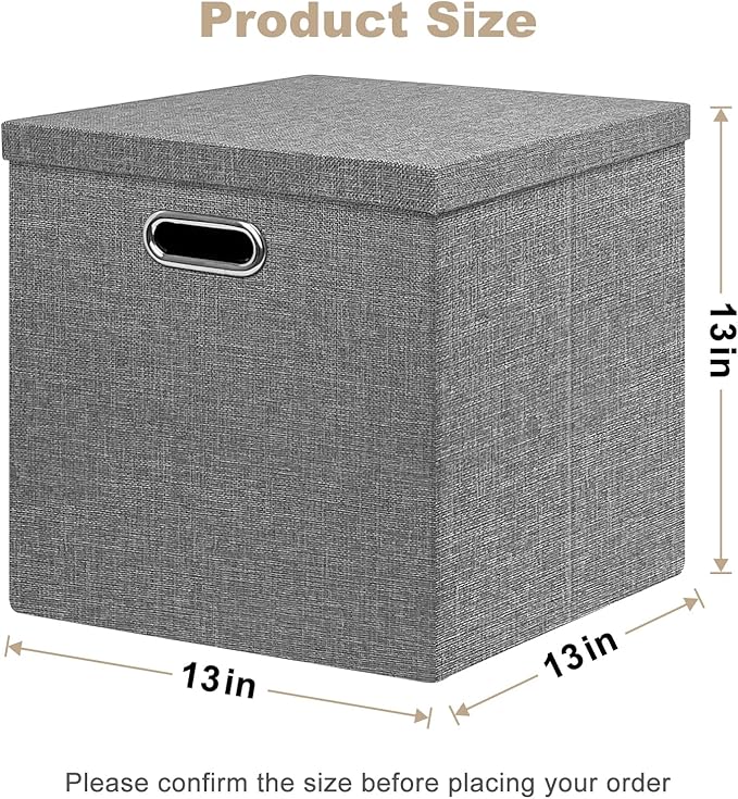 Linen Storage Bins with Lids13 x 13 Inch Foldable Fabric Cube Baskets Boxes Organizer for Closet Shelves and Home. (Gray (13x13) 4 pack)