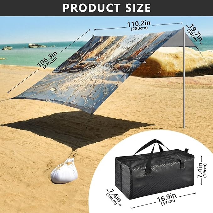 Broken Windshield with City Cars Print Beach Tent Sun Shelter Set UPF50+ UV Protection 10.5 x 9.19 FT Camping Shade Canopy with Sandbags Sand Anchors Carrying Bag and Others
