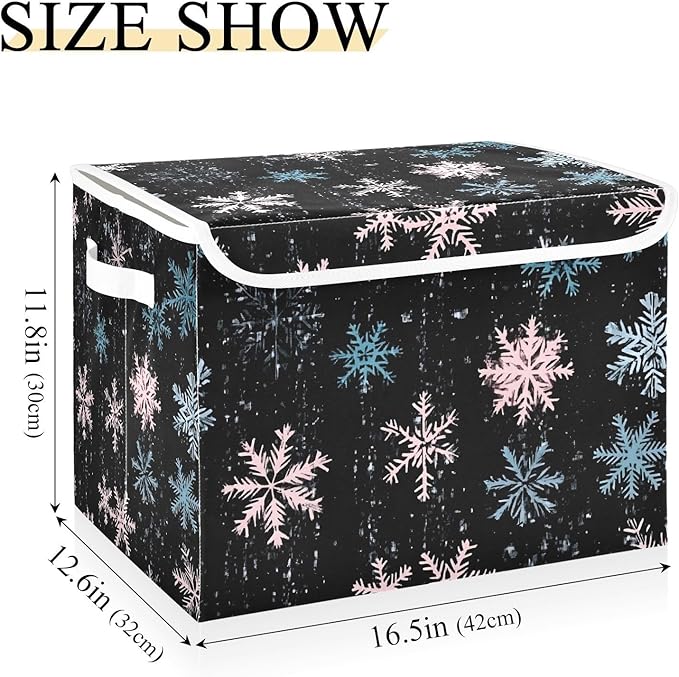 Snowflakes Pattern Storage Cube Bins Basket with Lid Collapsible Flip-top Fabric with Handle for Home Bedroom Closet Office 16.5×12.6×11.8 in