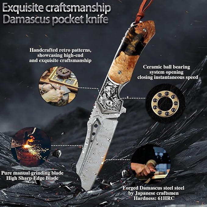 Japan Handmade Damascus steel steel Folding Pocket Knife3.5 in High hardness bladeFrame LockWith Leather Sheathresin and Maple handleMountaineering go fishing hunting Adventure Knifee