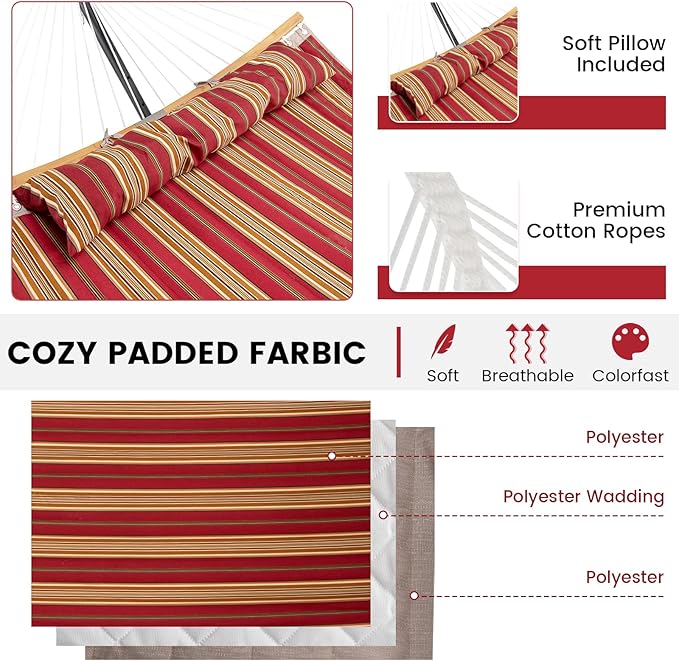 Tangkula 11FT Double Hammock Heavy Duty Outdoor Hammock with Curved Spreader Bars Detachable Pillow 2 Person Hammocks for Outside Porch Patio (Red)