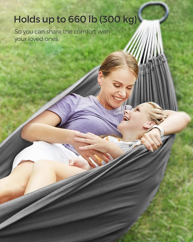 SONGMICS Double Hammock 98.4 x 59.1 Inches 660 lb Load Capacity with Compression Bag Mounting Straps Carabiners for Terrace Balcony Garden Outdoor Camping Gray UGDC15GY