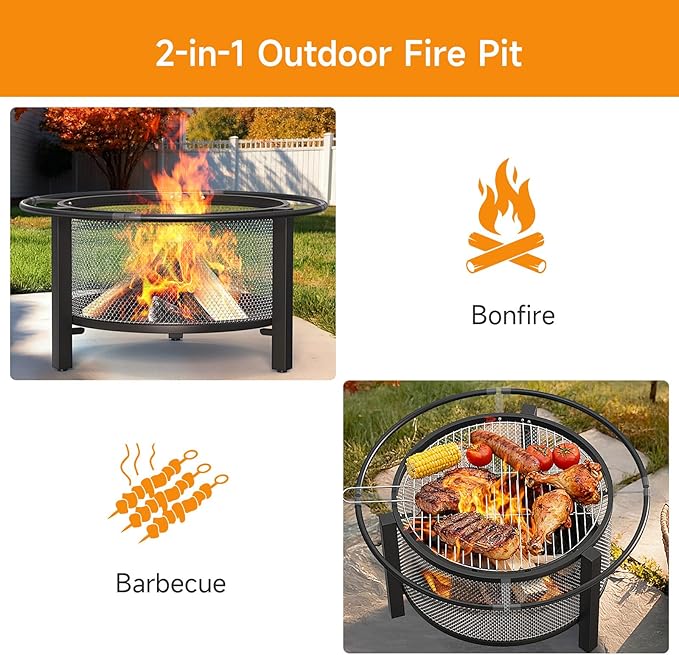 ONBRILL 2-in-1 32 Inch Fire Pit with Cooking Grill Outdoor Wood Burning Firepit with Poker for BBQ Bonfire Picnic Party Round Metal Fire Pit for Outside Backyard Patio