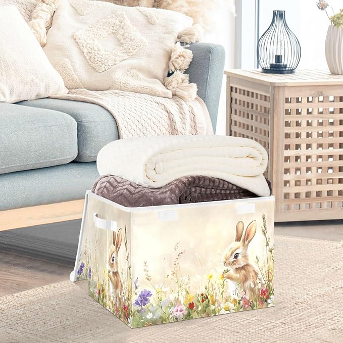 senya Easter Baskets Collapsible Storage Bins with Lids Flowers Rabbit Oil Painting Storage Boxes Clothes Baskets for Organizing
