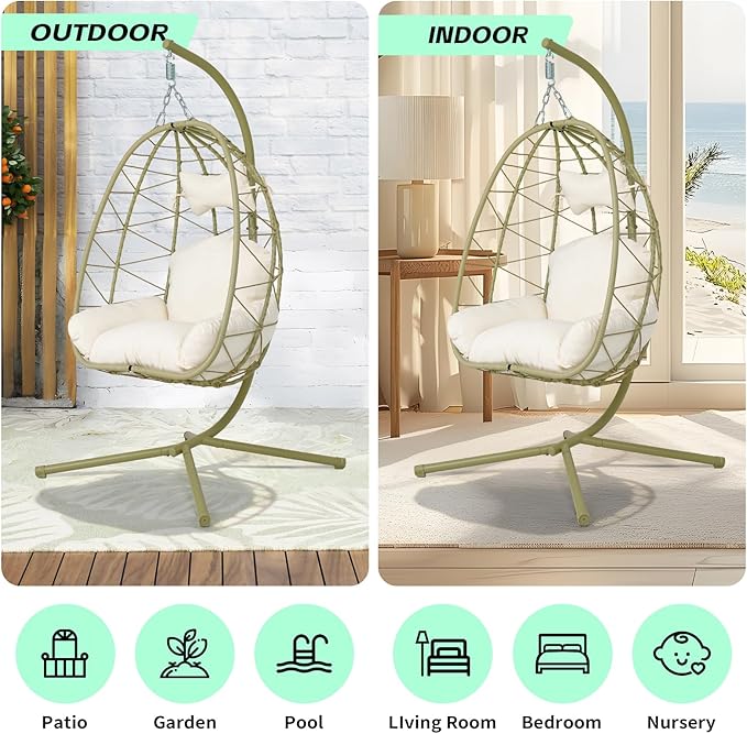 Hanging Egg Chair with Stand Outdoor Indoor Patio Rattan Swing Hammock Chairs with Washable Cushion PE Wicker Swing Chair for Backyard Bedroom Garden (Cyan + White Cushion No Footrest)